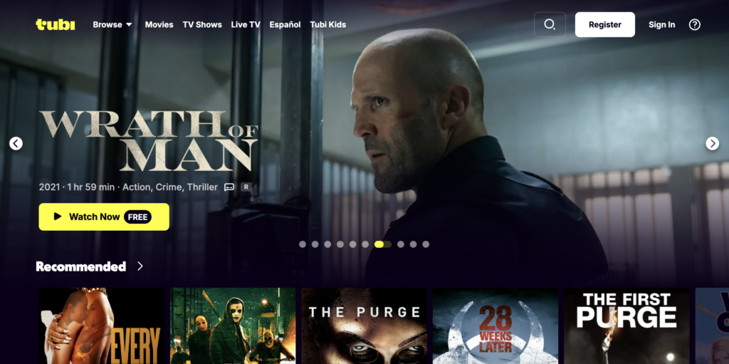 Screenshot of the Tubi homepage