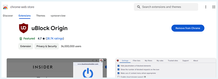 A screenshot of a page showing uBlock Origin installed from the Chrome Store.