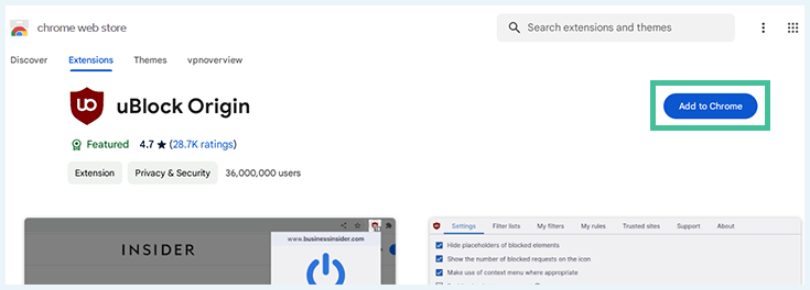 uBlock Origin installation page on the Chrome Web Store.