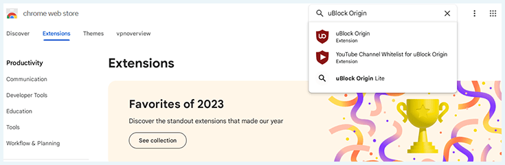 A screenshot showing uBlock Origin in the search results on the Chrome Web Store.