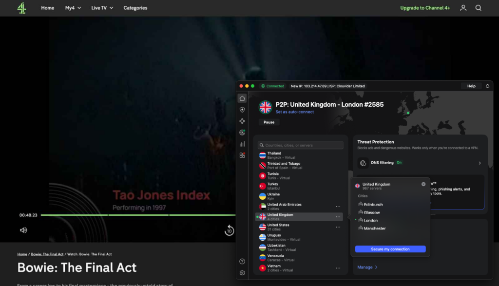 Go to Channel 4 while connected to VPN servers in the UK