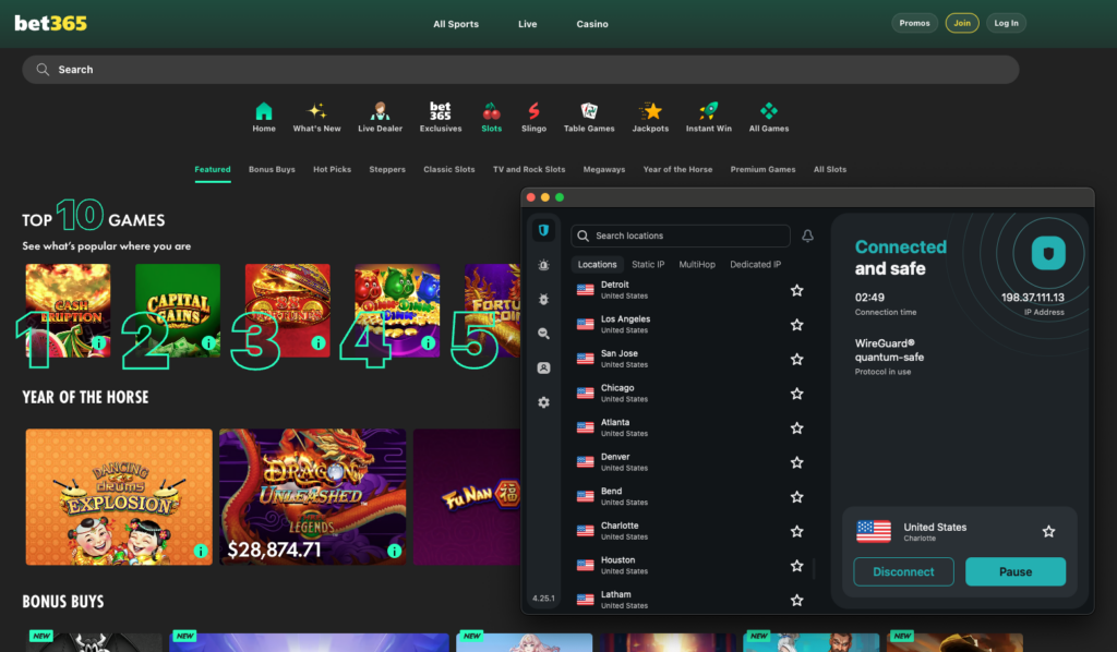bet365 unblocked with Surfshark, NC server