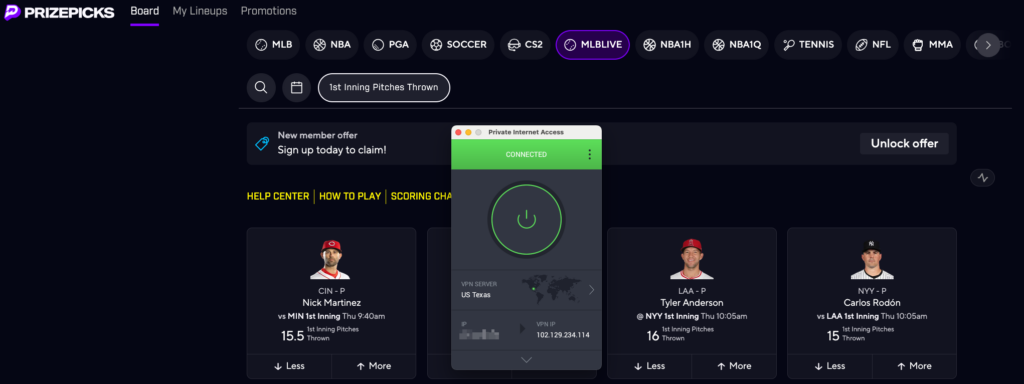 PrizePicks unblocked with Private Internet Access Texas server
