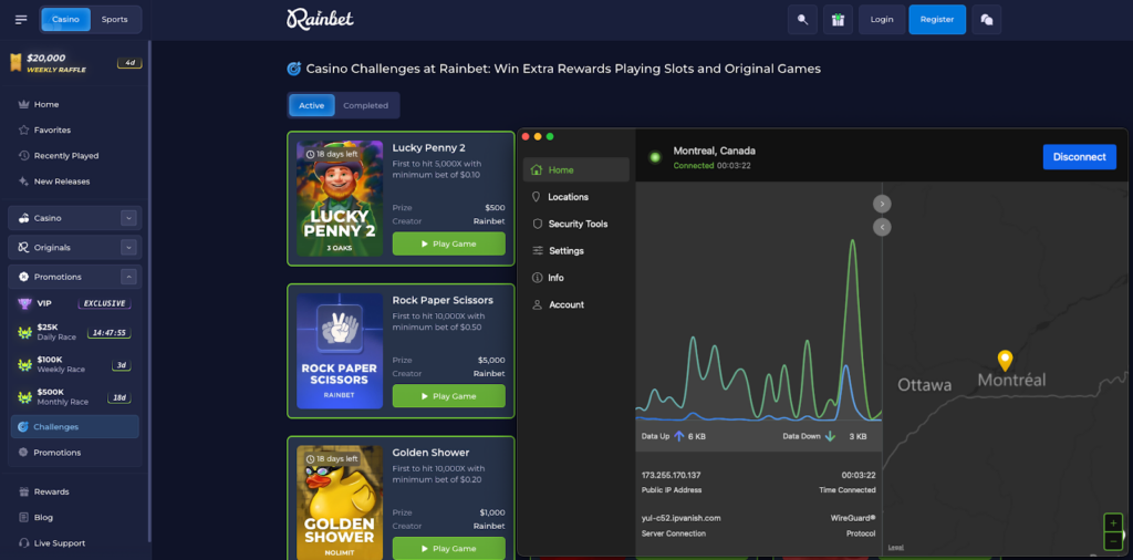 Rainbet unblocked with IPVanish, Canada server