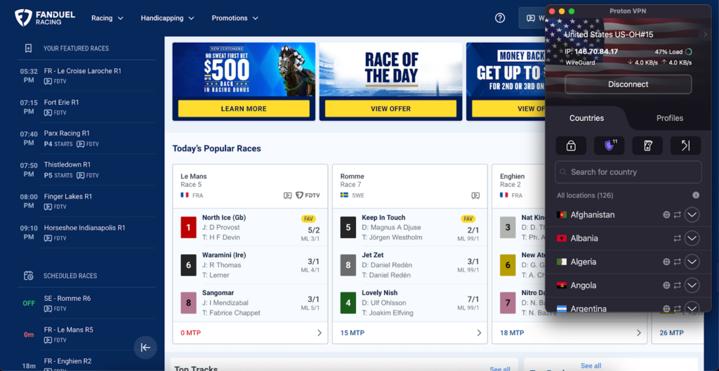 Unblocking Fanduel using an Ohio IP from Proton VPN