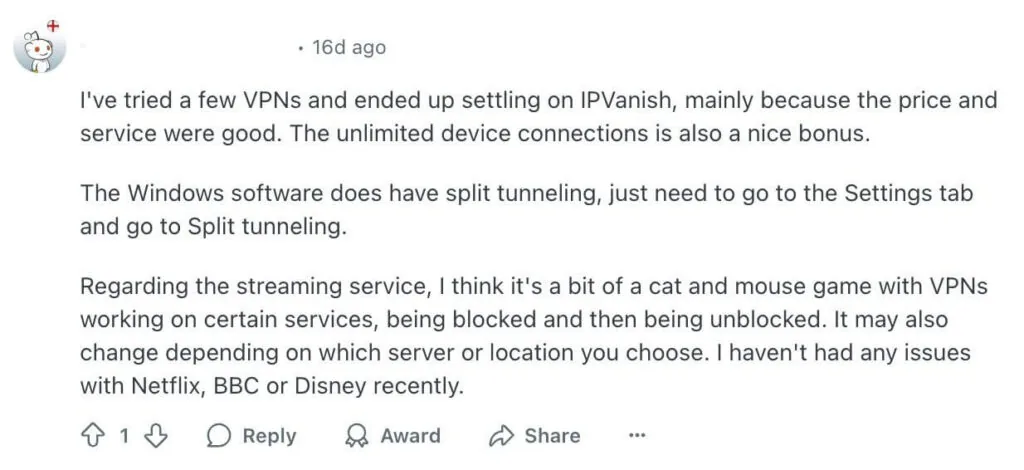 User's opinion about IPVanish on Reddit