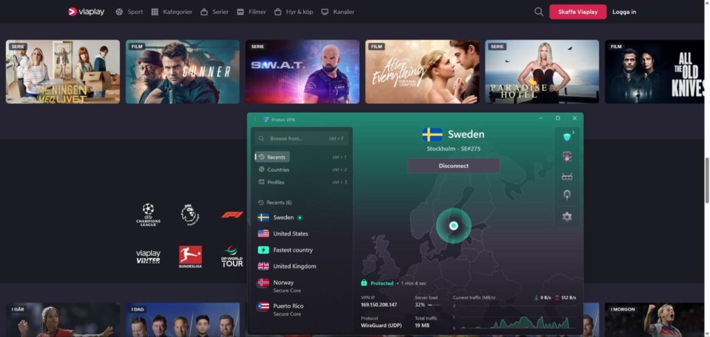 Viaplay unblocked by ProtonVPN.