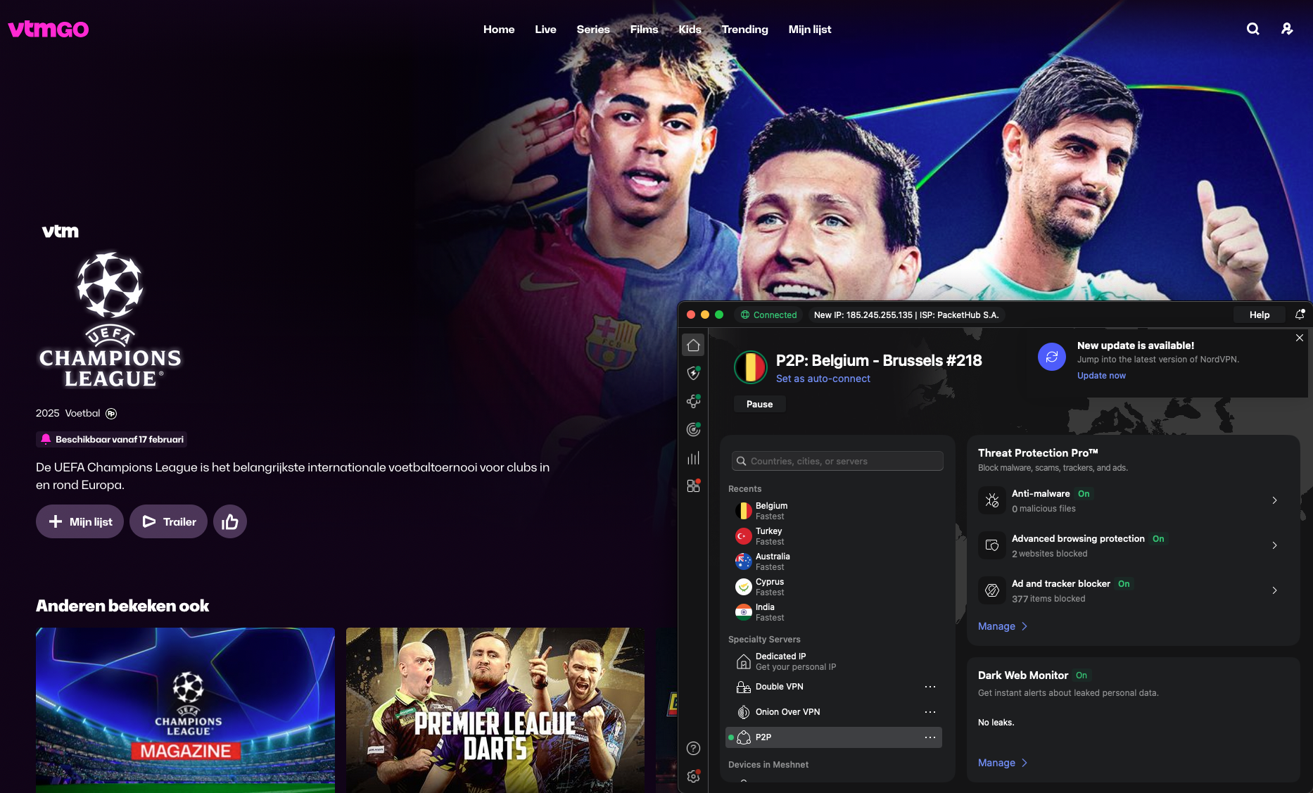 NordVPN Belgium server unblocks VTM Go