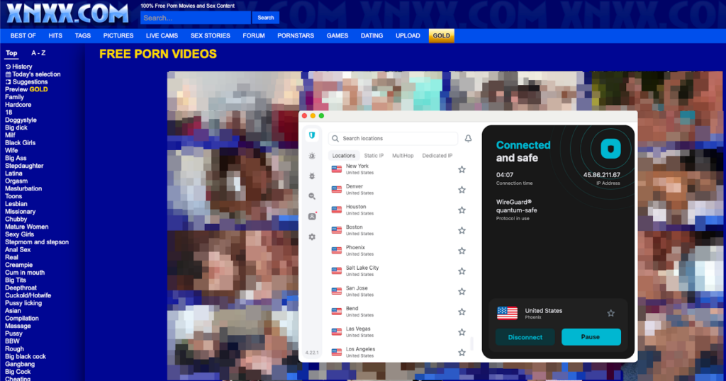 Bypassed XNXX ID verification in Arizona with a Phoenix IP address using Surfshark