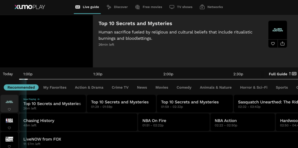 Screenshot of the Xumo Play homepage