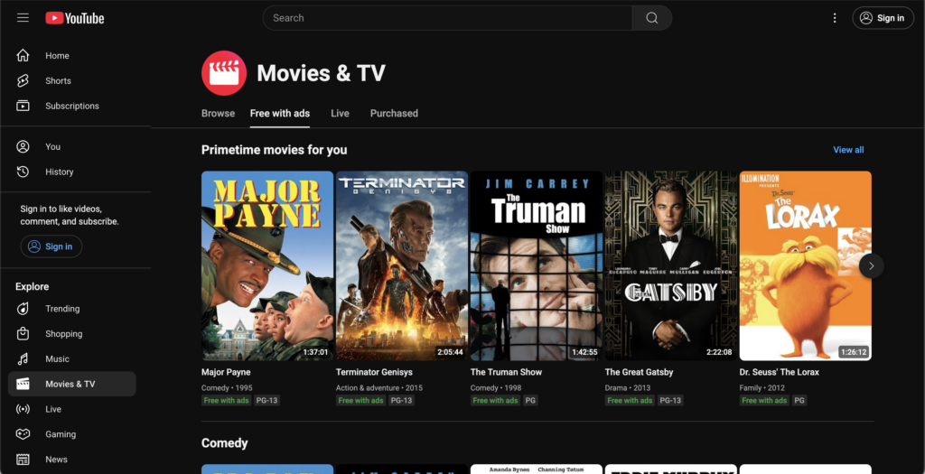 YouTube Free Movies and TV is one of the best alternatives to 123Movies