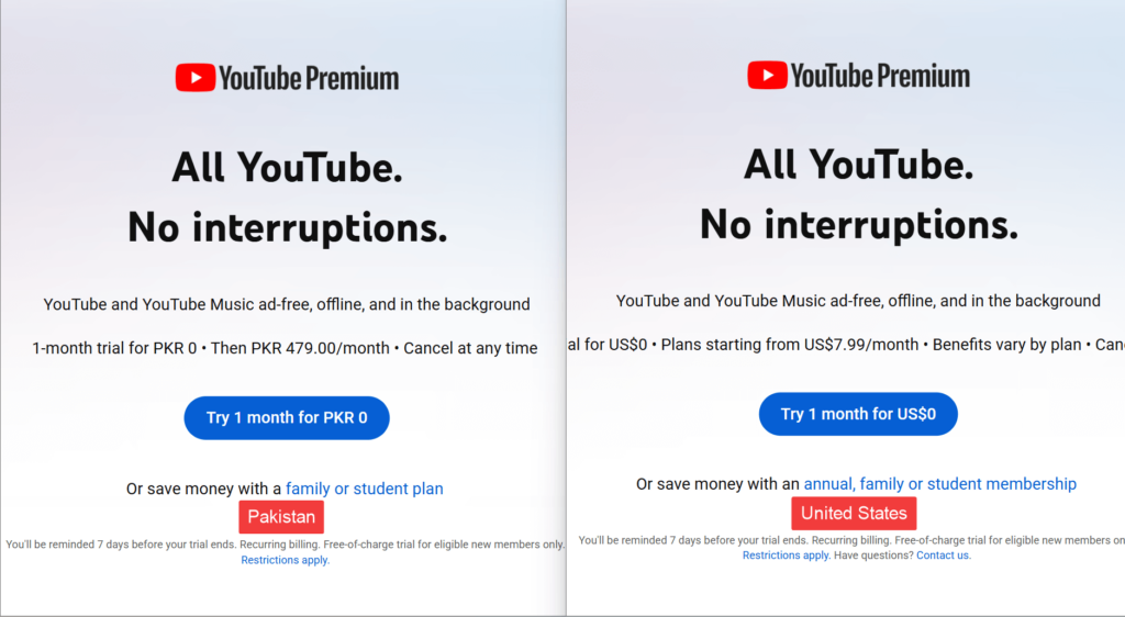 Price comparison of YouTube Premium in Pakistan ($1.68/month) and the US ($7.99/month)