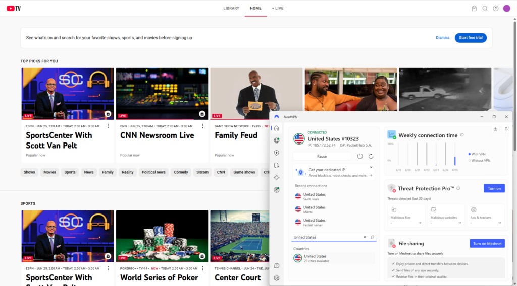 NordVPN works with YouTube TV