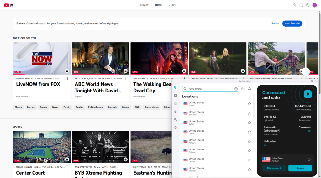 Surfshark VPN works with YouTube TV